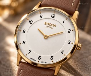 Gyldent Boccia dameur i titanium med safirglas og brun læderrem i 32mm