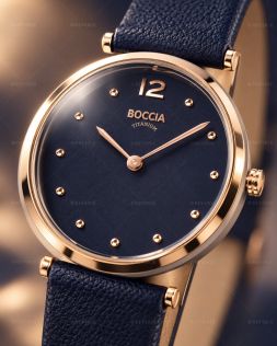 Rosagyldent Boccia dameur i titanium med blå urskive og safirglas i 30mm