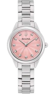 Elegant dameur fra Bulova med lyserød urskive og 11 diamanter i rustfrit stål - Sutton Collection | 96P249