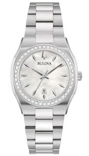 Elegant dameur fra Bulova med perlemorskive og diamantbesat bezel i rustfrit stål - Surveyor Collection | 96R245