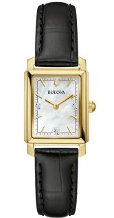 Elegant rektangulært dameur fra Bulova med perlemorskive og diamanter i guldtonet stål - Sutton Collection | 97P166