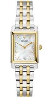 Elegant rektangulært dameur fra Bulova med perlemorskive og diamanter i to-farvet stål - Sutton Collection | 98P220