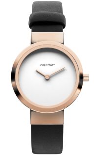 Minimalistisk Aistrup dameur med ren hvid urskive, rosé finish og sort læderrem til den moderne kvinde | AIW7606