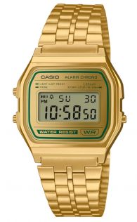 Casio vintage digitalur med guldfarvet ramme og grøn display | A158WEGV-9AEF