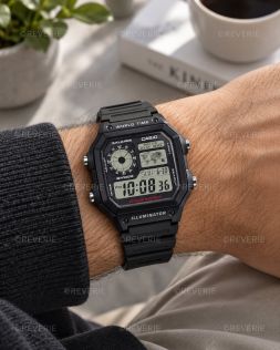 Sort Casio digitalt herreur med 5 alarmer og verdenstid i 42mm