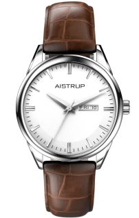 Klassisk herreur med hvid urskive, dato- og dagvisning samt brun læderrem fra Aistrup Classic 78 kollektionen | AIW7801