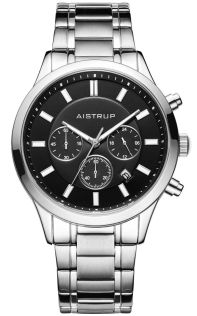 Elegant herreur med sort urskive, kronograffunktion og stilren stållænke fra Aistrup Classic Sapphire kollektionen | AIW8001