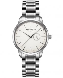 Elegant herreur med hvid urskive, datovisning og rustfri stållænke i minimalistisk design | Aistrup Rounded Elegance AIW8201