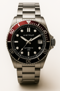 Stilfuldt automatisk dykkerur med sort urskive, rød bezel og 200 meters vandtæthed i professionel kvalitet | AIW8302