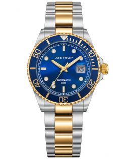 Elegant automatisk dykkerur med blå urskive, matchende blå bezel og tofarvet stål og guld lænke til den kræsne mand | AIW8305