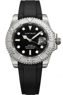 Aistrup sportigt herreur med sort urskive, sølvfarvet drejelunette og sort gummirem | AIW8802