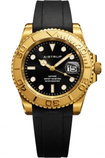 Aistrup sportigt herreur med sort urskive, guldtonet drejelunette og sort gummirem | AIW8804