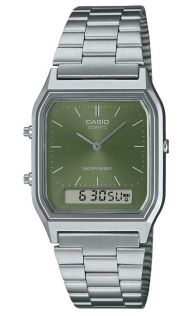 Rektangulært Casio ur med analog-digital dobbelt display og grøn urskive | AQ-230A-3AMQYES