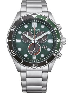 Citizen Eco-Drive kronograf i stål med H500 urværk og grøn urskive | AT2561-81X