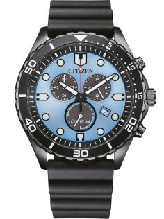 Citizen Eco-Drive kronograf i sort stål med H500 urværk og blå urskive | AT2567-18L