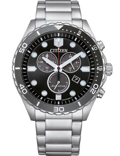 Citizen Eco-Drive kronograf i stål med H500 urværk og sort urskive | AT2568-82E