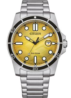 Citizen Eco-Drive sportsur i stål med J810 urværk og gul urskive | AW1816-89X