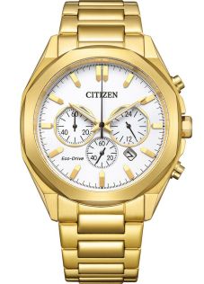 Citizen Eco-Drive kronograf i gylden farvet stål | Hvid urskive med kronograf | CA4592-85A
