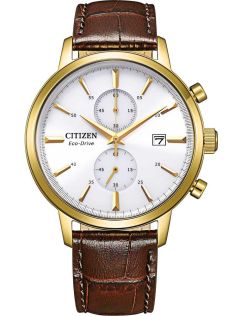 Citizen Eco-drive kronograf med guldbelagt urkasse | Klassisk herreur med hvid urskive og brun læderrem | CA7062-15A