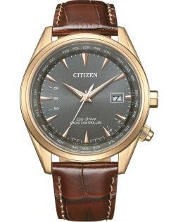 Citizen Eco-Drive radio-styret herreur | Rosé farvet stål med brun læderrem | CB0273-11H
