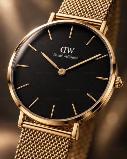Gyldent Daniel Wellington dameur med sort urskive og meshlænke i 32mm