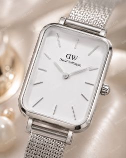 Daniel Wellington rektangulært dameur i stål med hvid urskive og meshrem 20mm