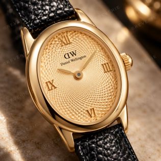 Gyldent Daniel Wellington dameur med guillocheret urskive og sort læderrem i 22mm