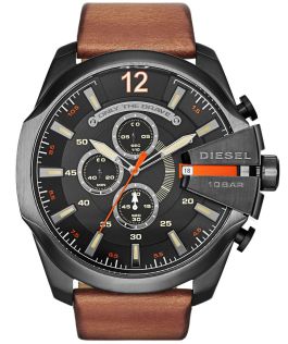 Ekstra-Large herreur fra Diesel med bred brun læderrem - Diesel Mega Chief Chrono Gunmetal Brown Leather DZ4343