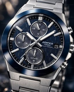 Casio herreur i stål med blå urskive, solenergi og keramisk lynette i 41mm