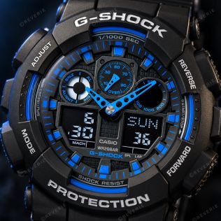 Sort Casio G-Shock herreur med blå detaljer og analog-digital visning i 51mm