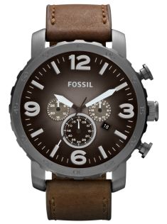 Stort gunmetal herreur med tyk brun læderrem - Fossil Nate JR1424