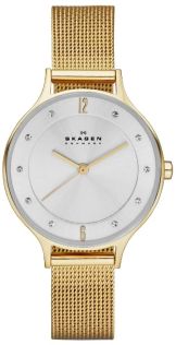 Guldfarvet dameur fra Skagen med meshlænke - Skagen Anita Guldfarvet Mesh SKW2150
