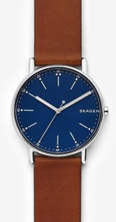 Minimalistisk armbåndsur med navy blå urskive og brun læderrem - Skagen Signatur SKW6355