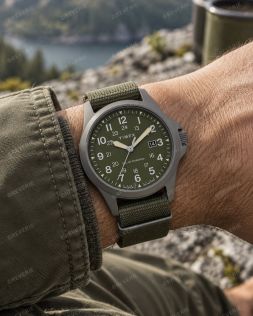 Timex herreur i gunmetal med solenergi, grøn NATO-rem og safirglas i 41mm