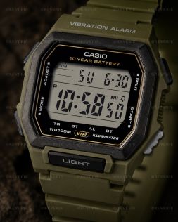 Grønt Casio digitalur med firkantet design og vibrationsalarm i 42mm