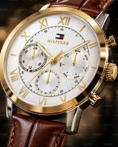 Tommy Hilfiger tofarvet herreur med dag-dato og brun læderrem 42mm