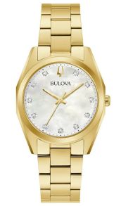 Elegant dameur fra Bulova med perlemorskive og 11 diamanter i guldtonet stål - Surveyor Collection | 97P172