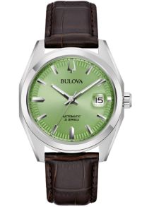 Elegant automatisk herreur fra Bulova med pistachegrøn urskive og brun læderrem - Surveyor Collection | 96B427