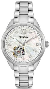 Bulova Classic automatisk dameur med perlemor skive, ægte diamanter og synligt urværk | 96P181