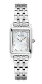Elegant rektangulært dameur fra Bulova med perlemorskive og diamanter i stål - Sutton Collection | 96P244