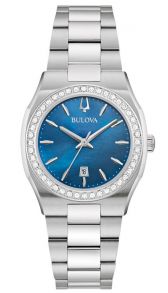 Elegant dameur fra Bulova med blå perlemorskive og diamantbesat bezel i rustfrit stål - Surveyor Collection | 96R246
