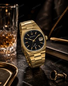 Bulova guldfarvet vintage herreur med sort urskive 38mm