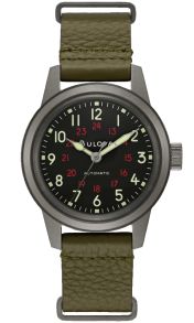 Bulova Hack Watch automatisk militær ur med 24-timers visning og grøn læderrem | 98A255