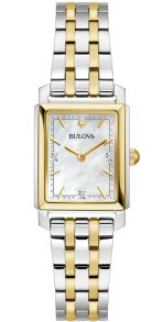 Elegant rektangulært dameur fra Bulova med perlemorskive og diamanter i to-farvet stål - Sutton Collection | 98P220