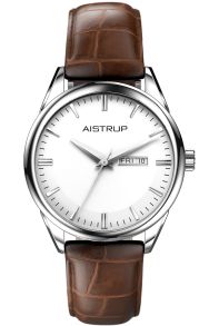 Klassisk herreur med hvid urskive, dato- og dagvisning samt brun læderrem fra Aistrup Classic 78 kollektionen | AIW7801