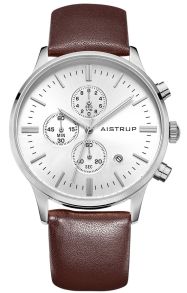 Klassisk herreur med hvid urskive, kronograffunktion og 43mm urkasse i rustfrit stål med brun læderrem | AIW8104