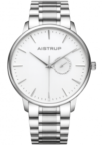 Elegant herreur med hvid urskive, datovisning og rustfri stållænke i minimalistisk design | Aistrup Rounded Elegance AIW8201