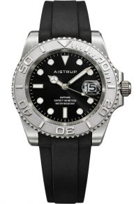 Aistrup sportigt herreur med sort urskive, sølvfarvet drejelunette og sort gummirem | AIW8802