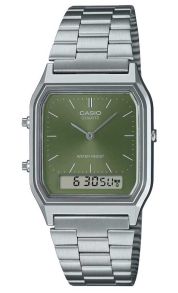 Rektangulært Casio ur med analog-digital dobbelt display og grøn urskive | AQ-230A-3AMQYES
