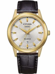 Citizen Eco-Drive herreur i gylden farvet stål | Solstråle urskive med dag/dato | AW0102-13A